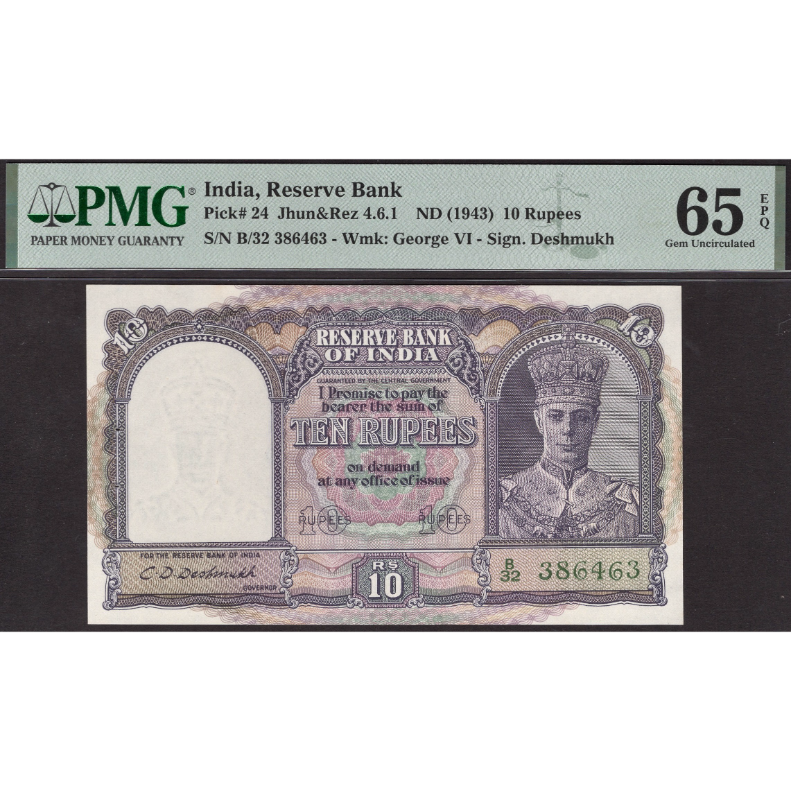 INDIA P.24 1938 - 1944 10 Rupees Gem UNC 65 EPQ