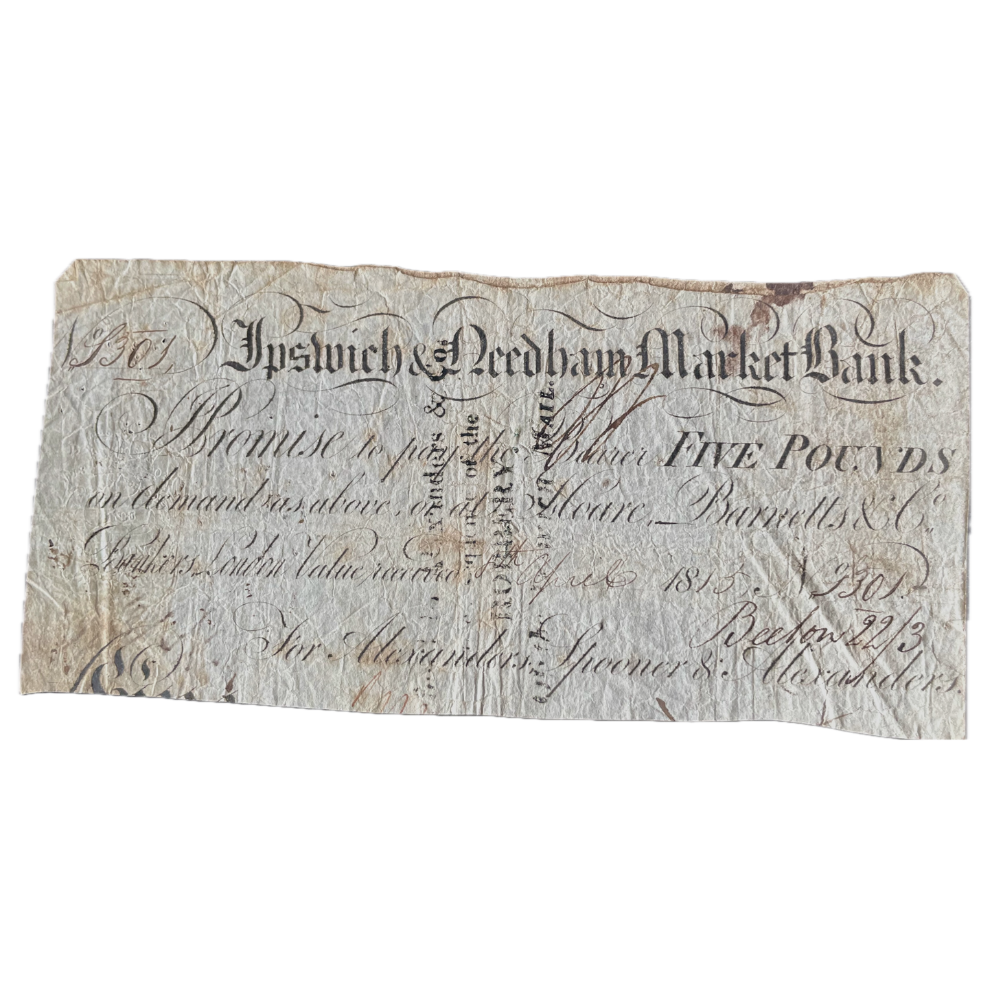 Ipswich & Needham Market Bank 1813 £5 banknote Outing 1043e