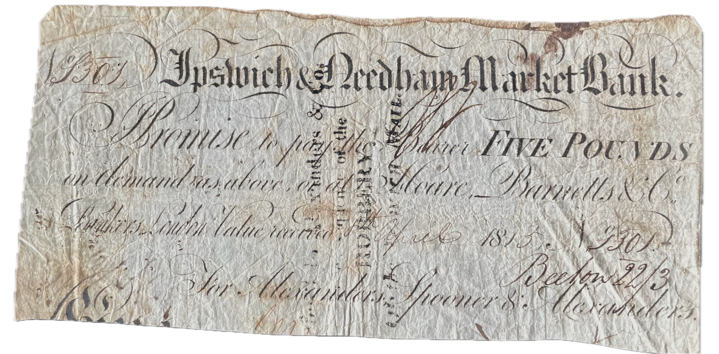 Ipswich & Needham Market Bank 1813 £5 banknote Outing 1043e