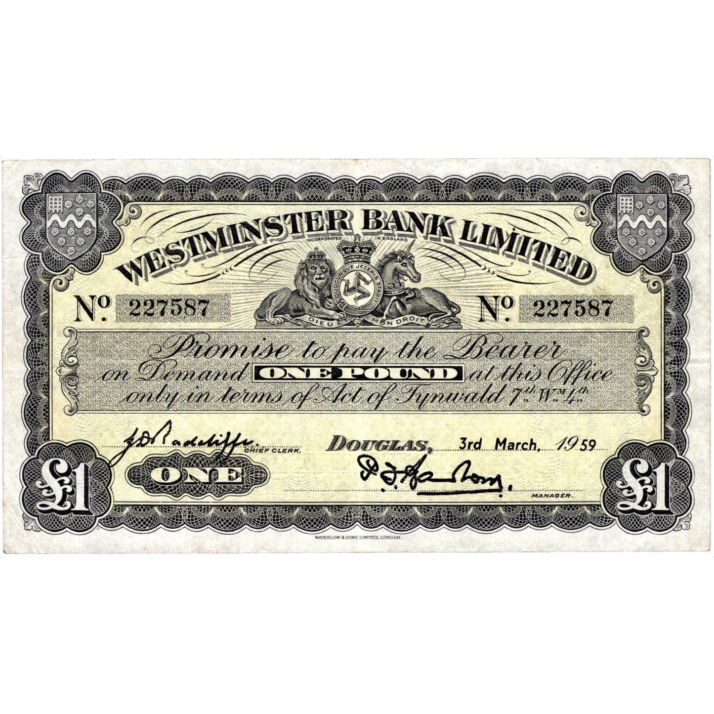 ISLE OF MAN P.23Ab IM10e Westminster Bank 1959 £1 VF