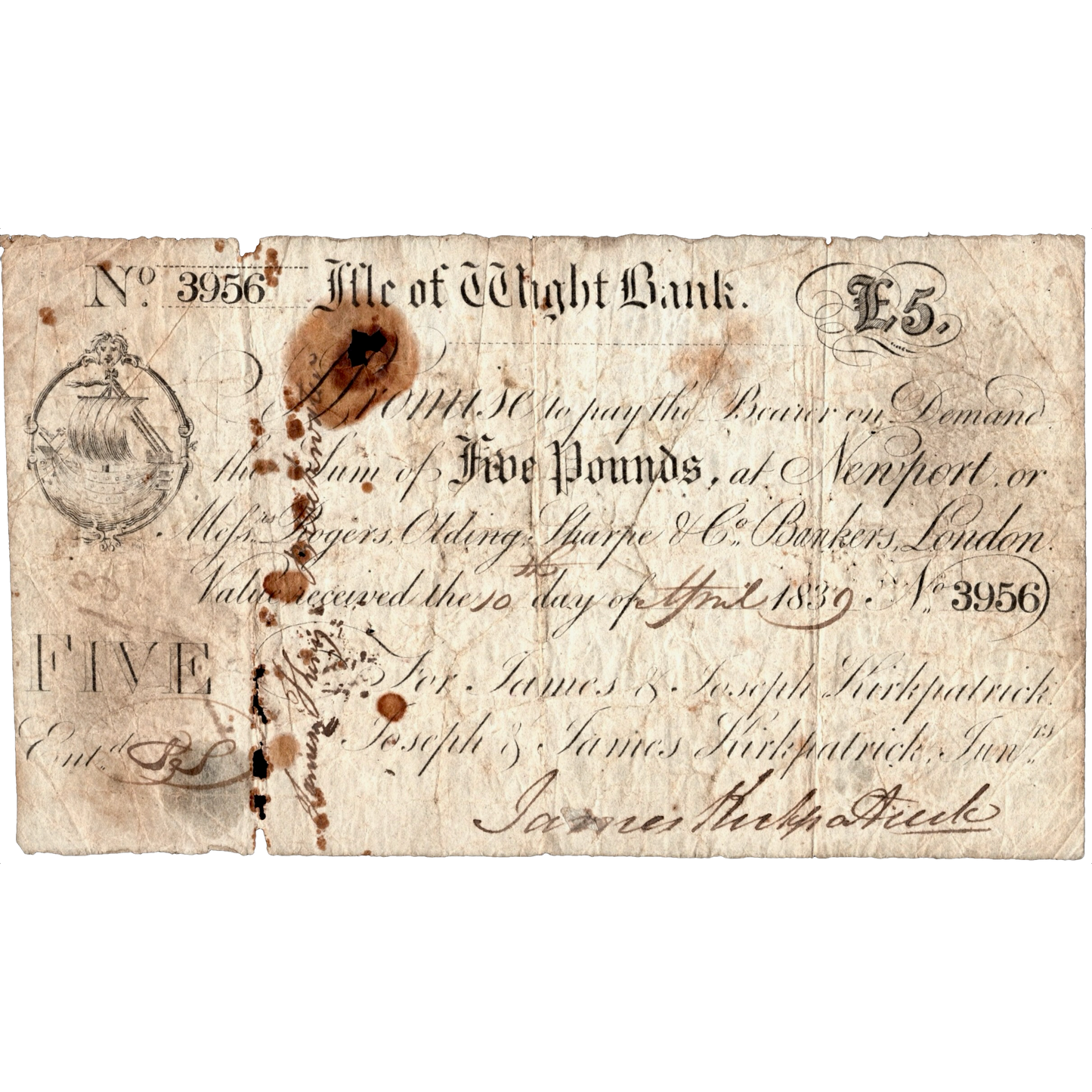 ISLE OF MAN 1839 Isle of Man Bank, Newport £5 Outing 1533e