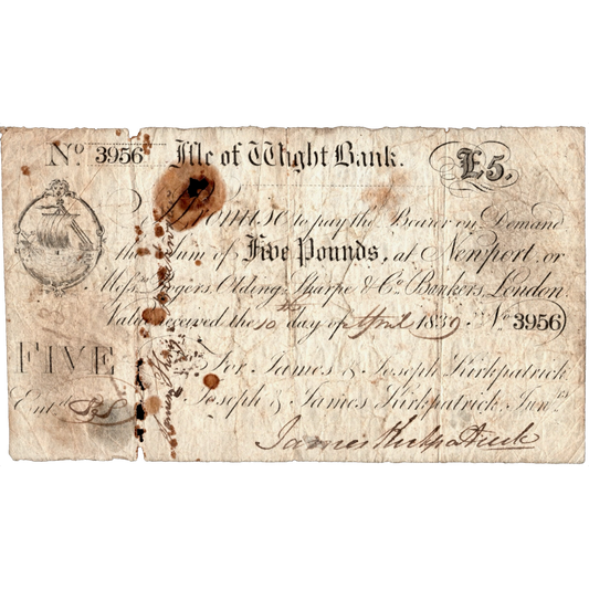 ISLE OF MAN 1839 Isle of Man Bank, Newport £5 Outing 1533e