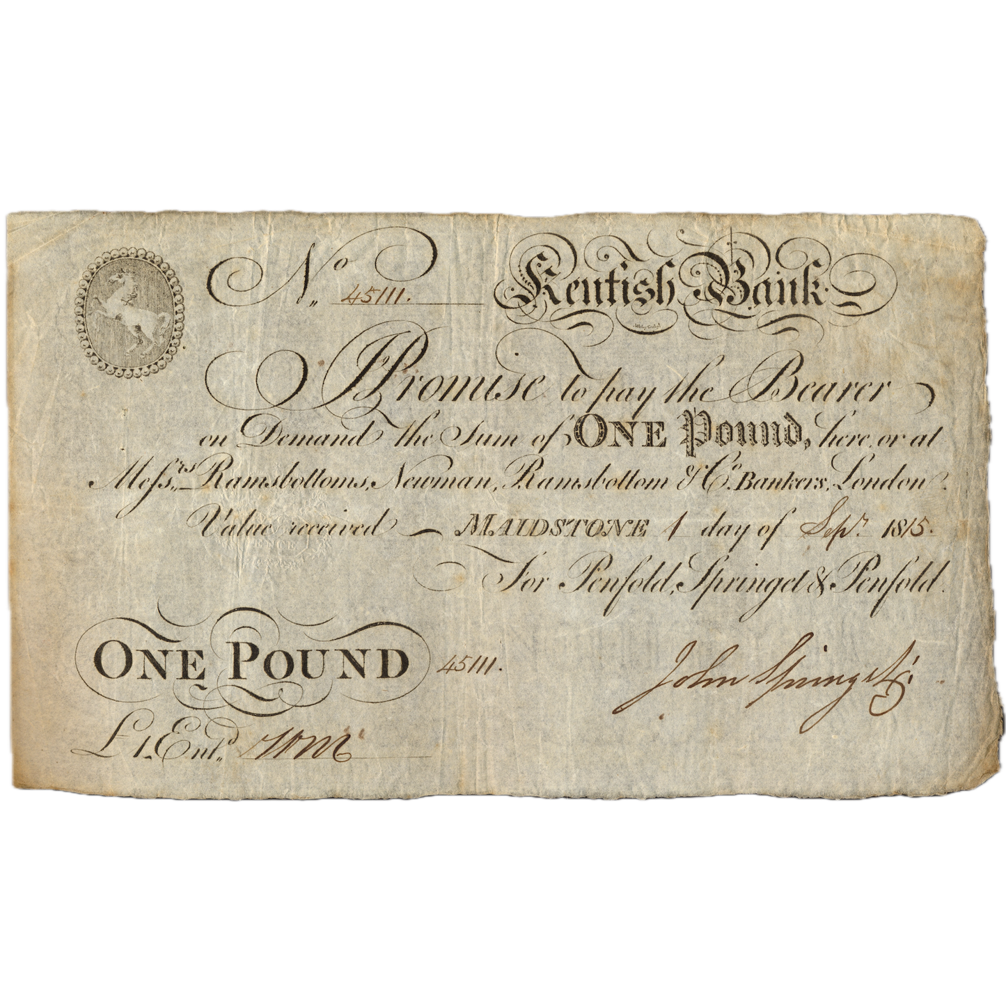Kentish Bank Maidstone 1815 £1 banknote Outing 1327a