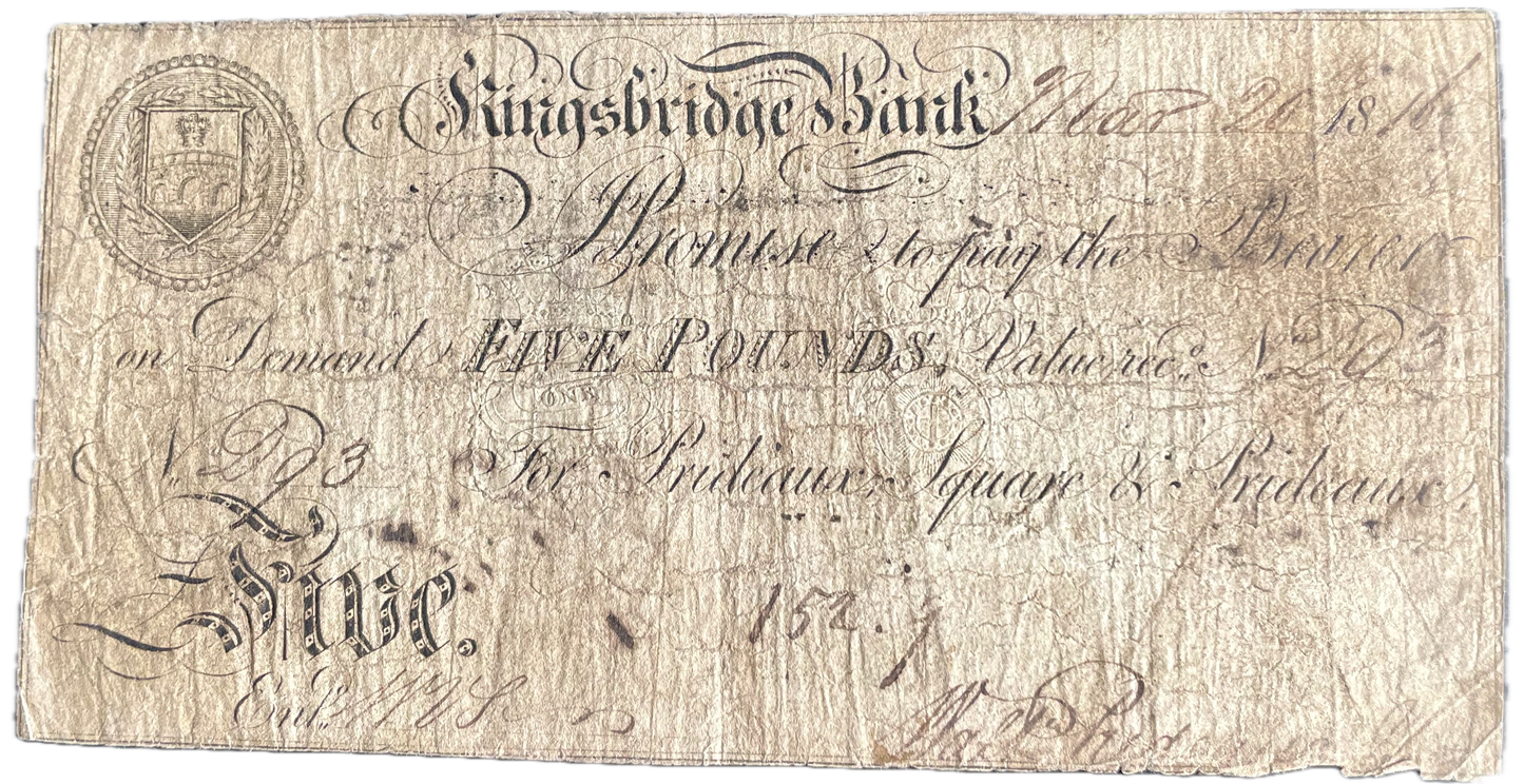 Kingsbridge Bank 1816 £5 banknote Outing 1068b