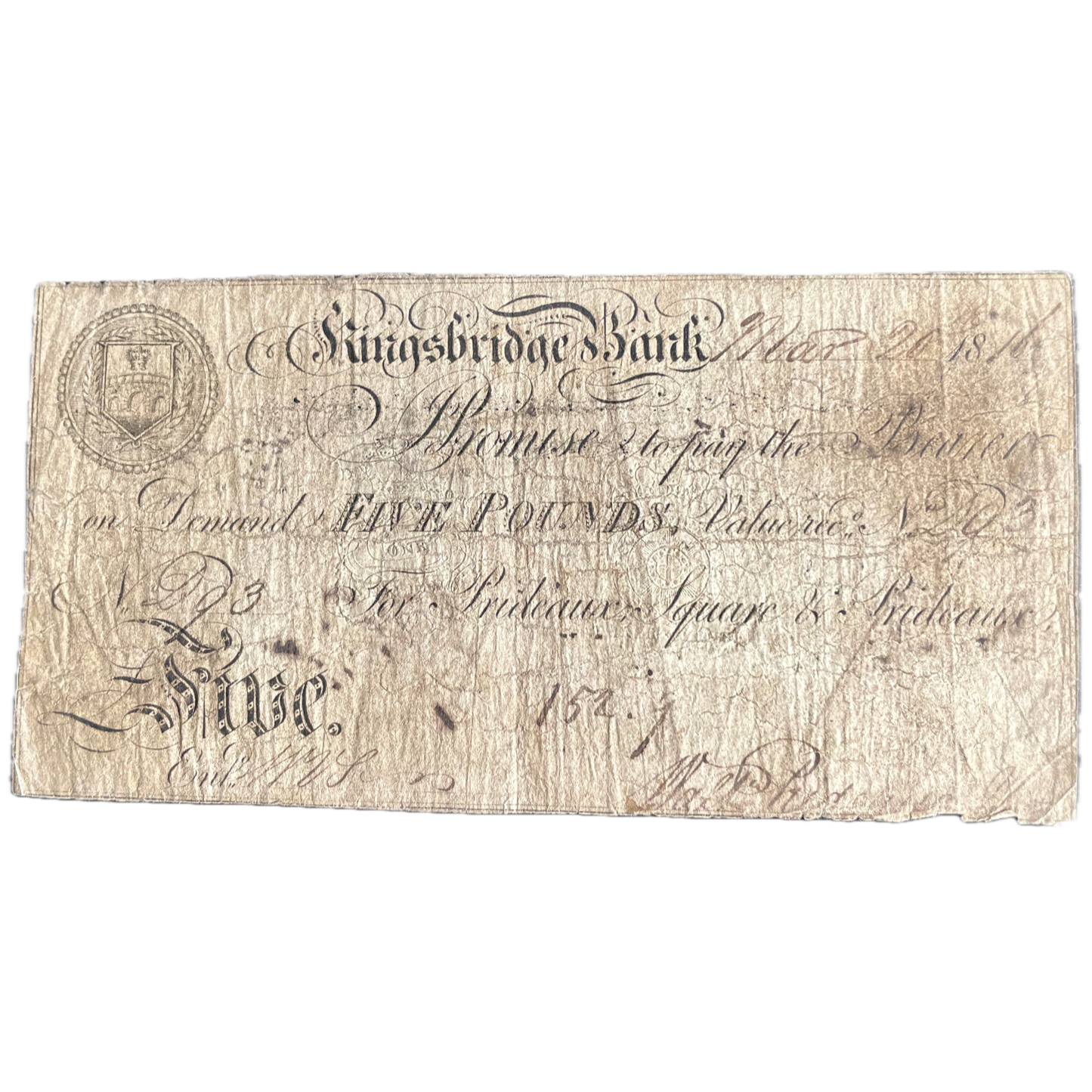 Kingsbridge Bank 1816 £5 banknote Outing 1068b