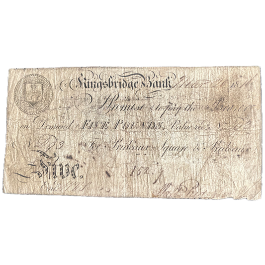 Kingsbridge Bank 1816 £5 banknote Outing 1068b