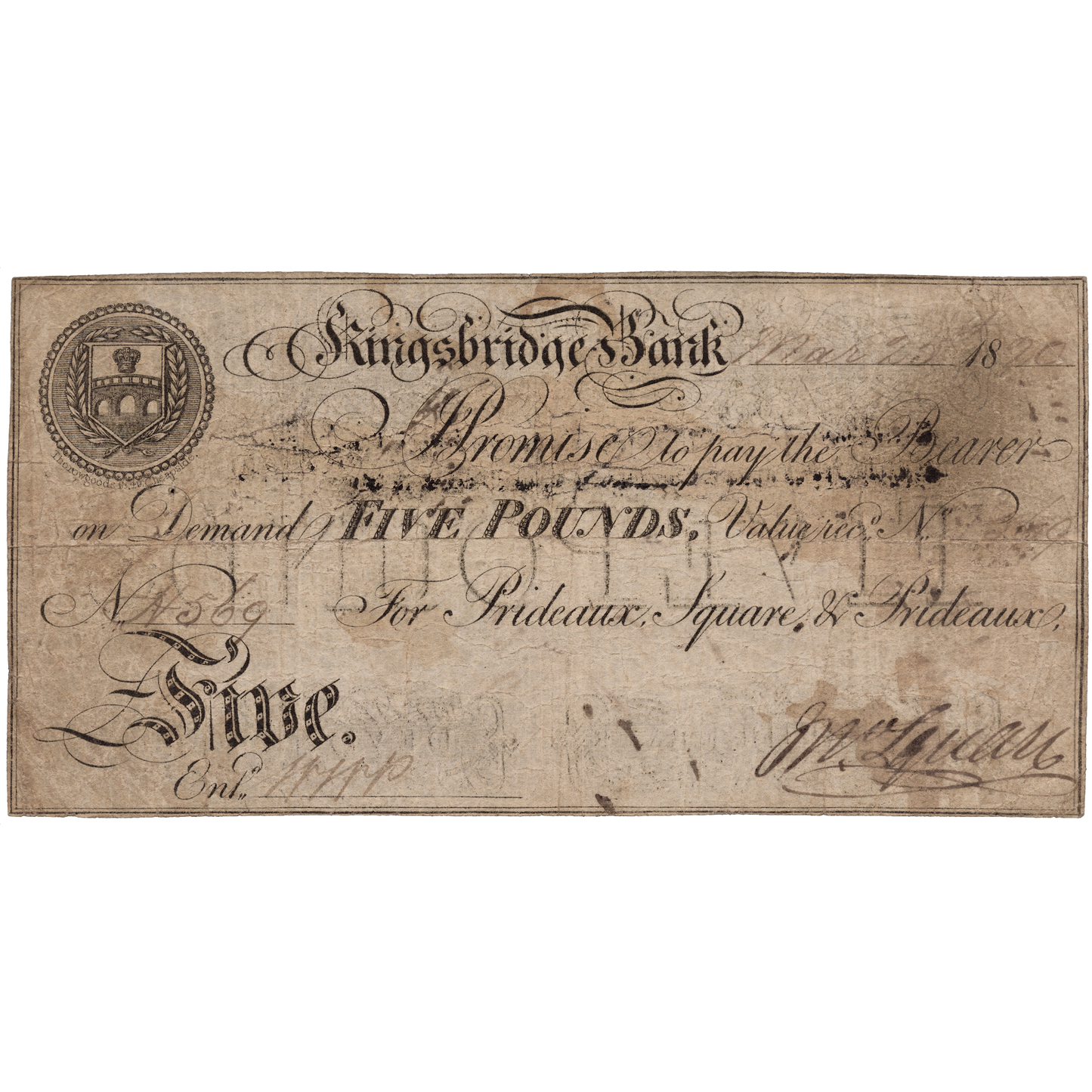 Kingsbridge Bank 1820 £5 banknote Outing 1068b