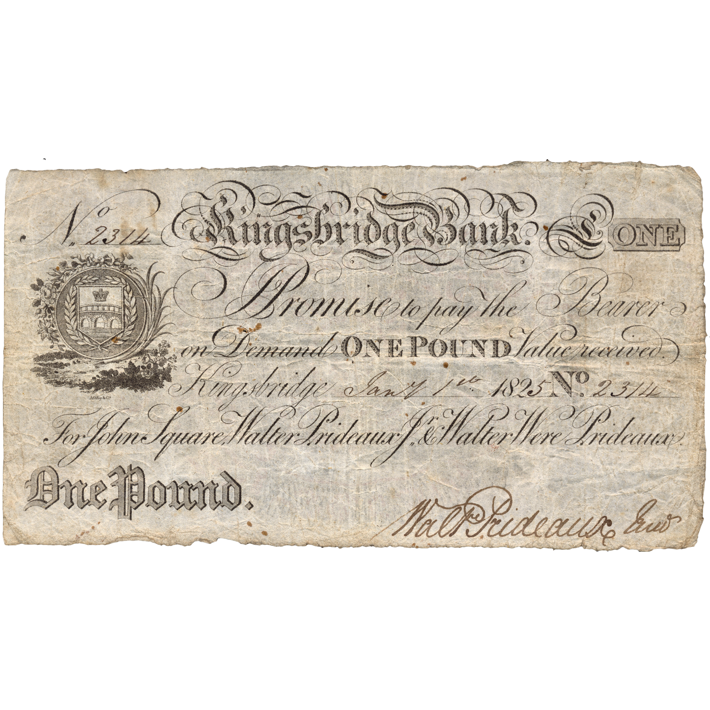 Kingsbridge Bank 1825 £1 banknote Outing 1068c