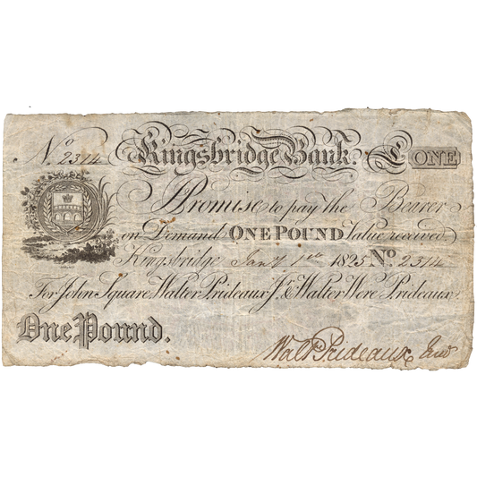 Kingsbridge Bank 1825 £1 banknote Outing 1068c