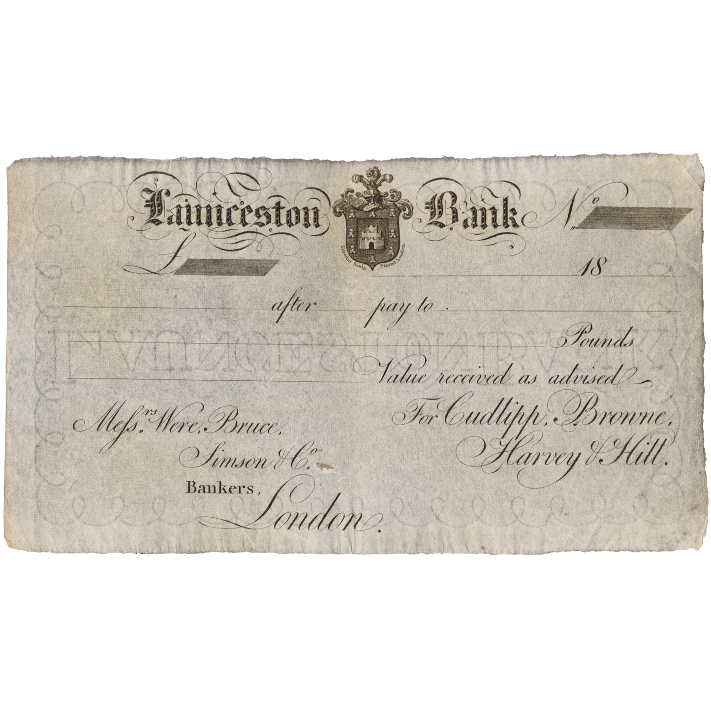 Launceston Bank 18-- (1810 - 1811) unissued bank drafts or payment orders Outing 1111