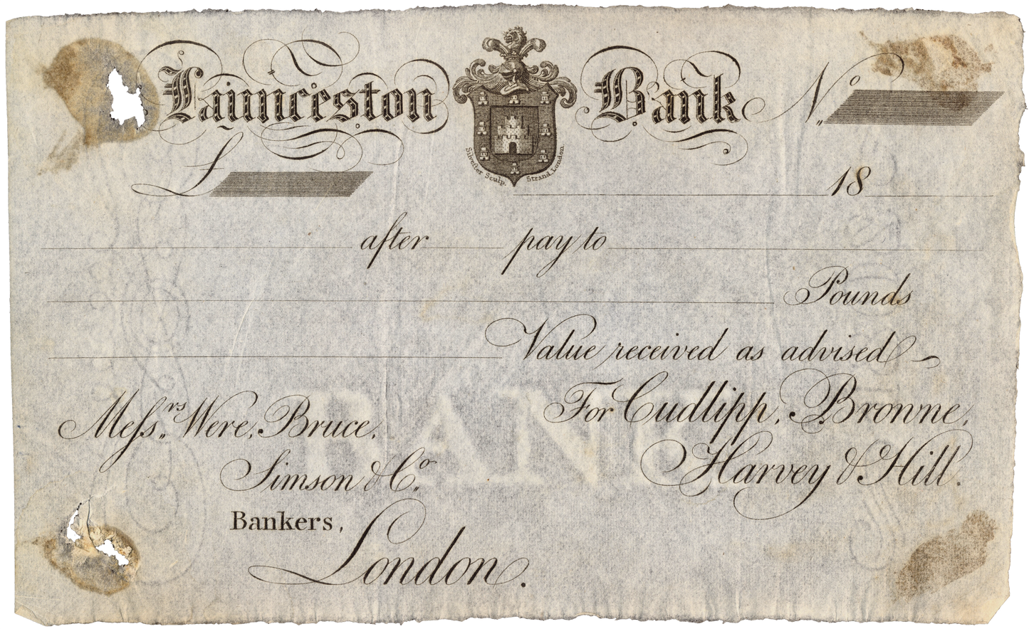 Launceston Bank 18-- (1810 - 1811) unissued bank drafts or payment orders Outing 1111