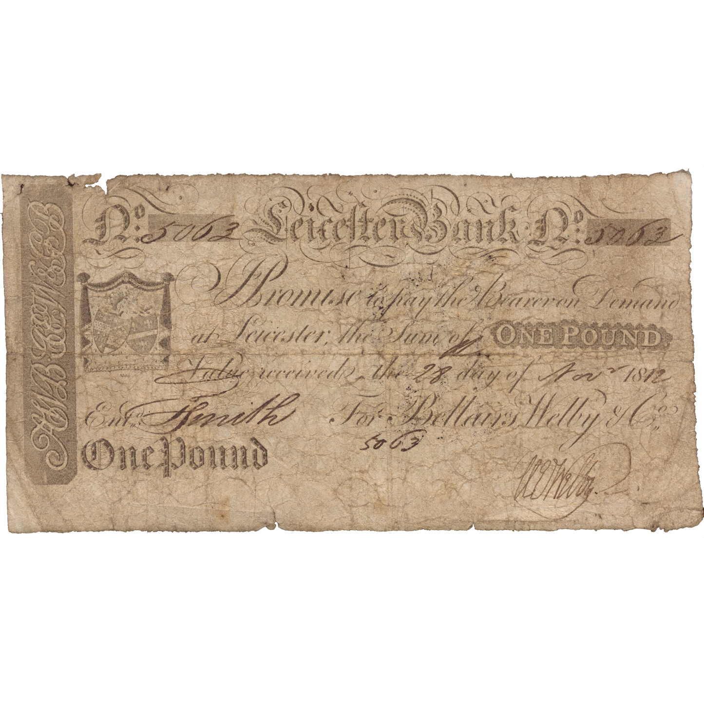 Leicester Bank 1812 £1 banknote Outing 1166a