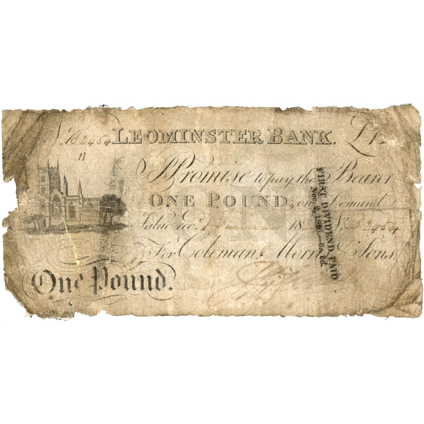 Leominster Bank 1825 £1 banknote Outing 1177b