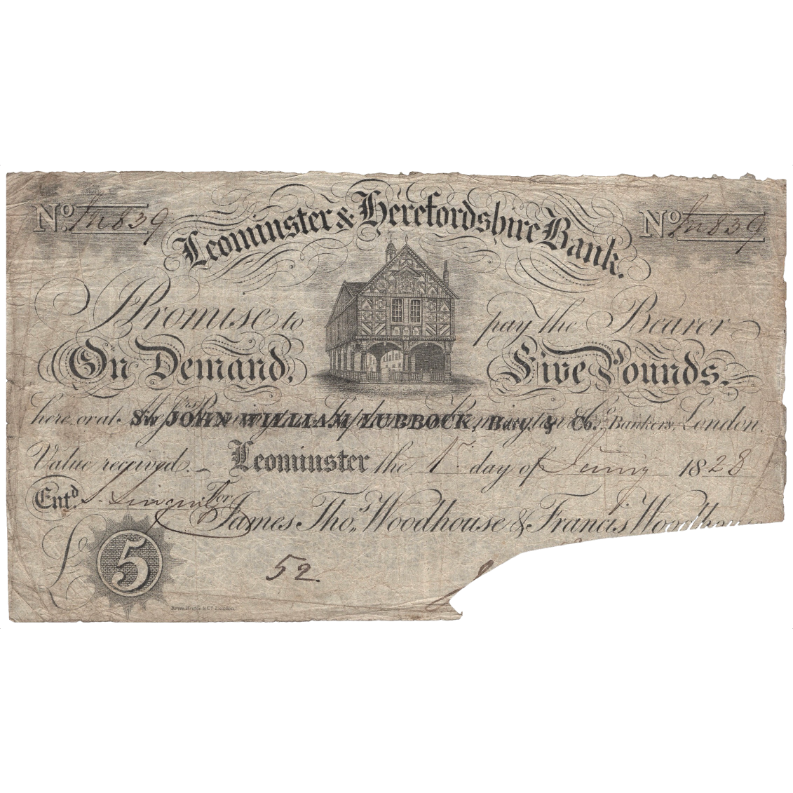 Leominster & Herefordshire Bank 1828 £5 banknote Outing 1178c