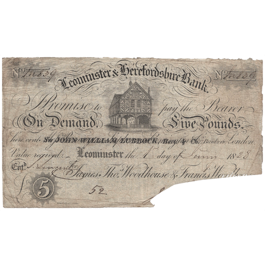 Leominster & Herefordshire Bank 1828 £5 banknote Outing 1178c