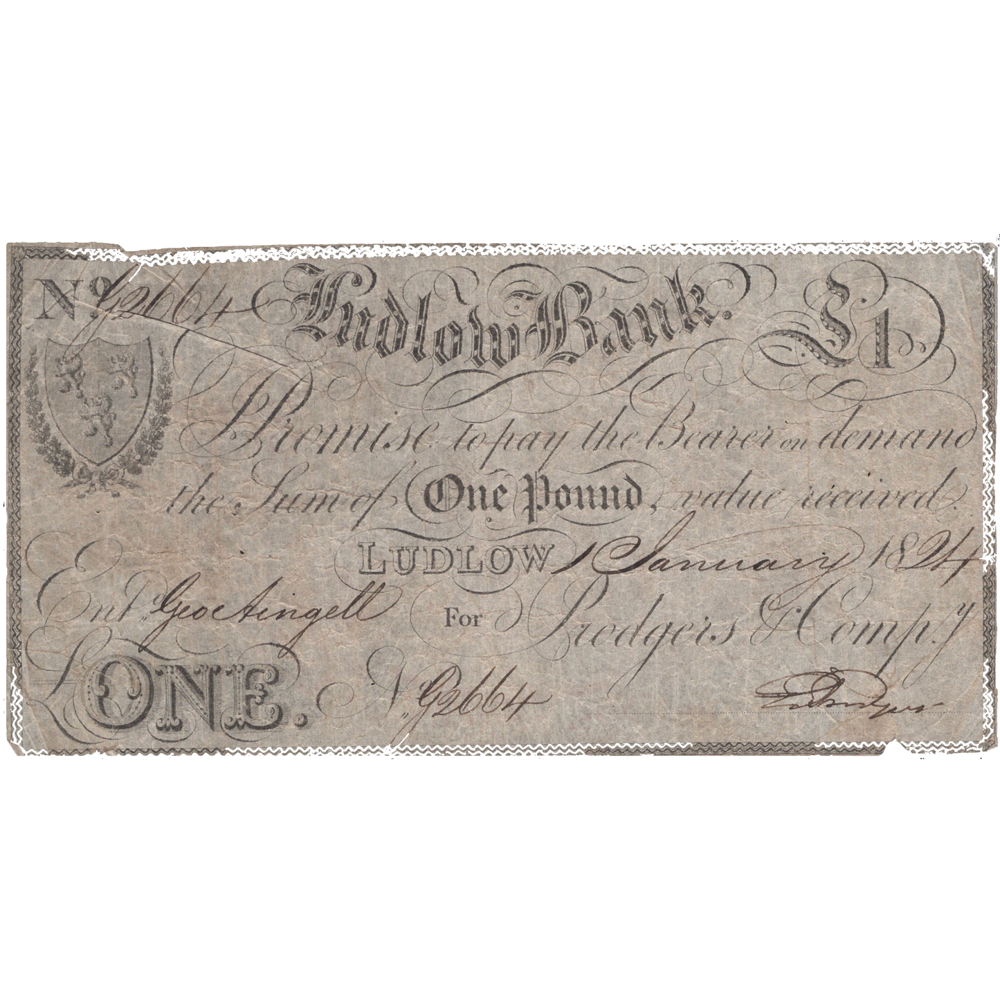 Ludlow Bank 1824 £1 banknote Outing 1293i