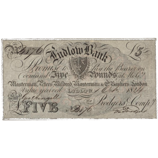 Ludlow Bank 1824 £5 banknote Outing 1293j