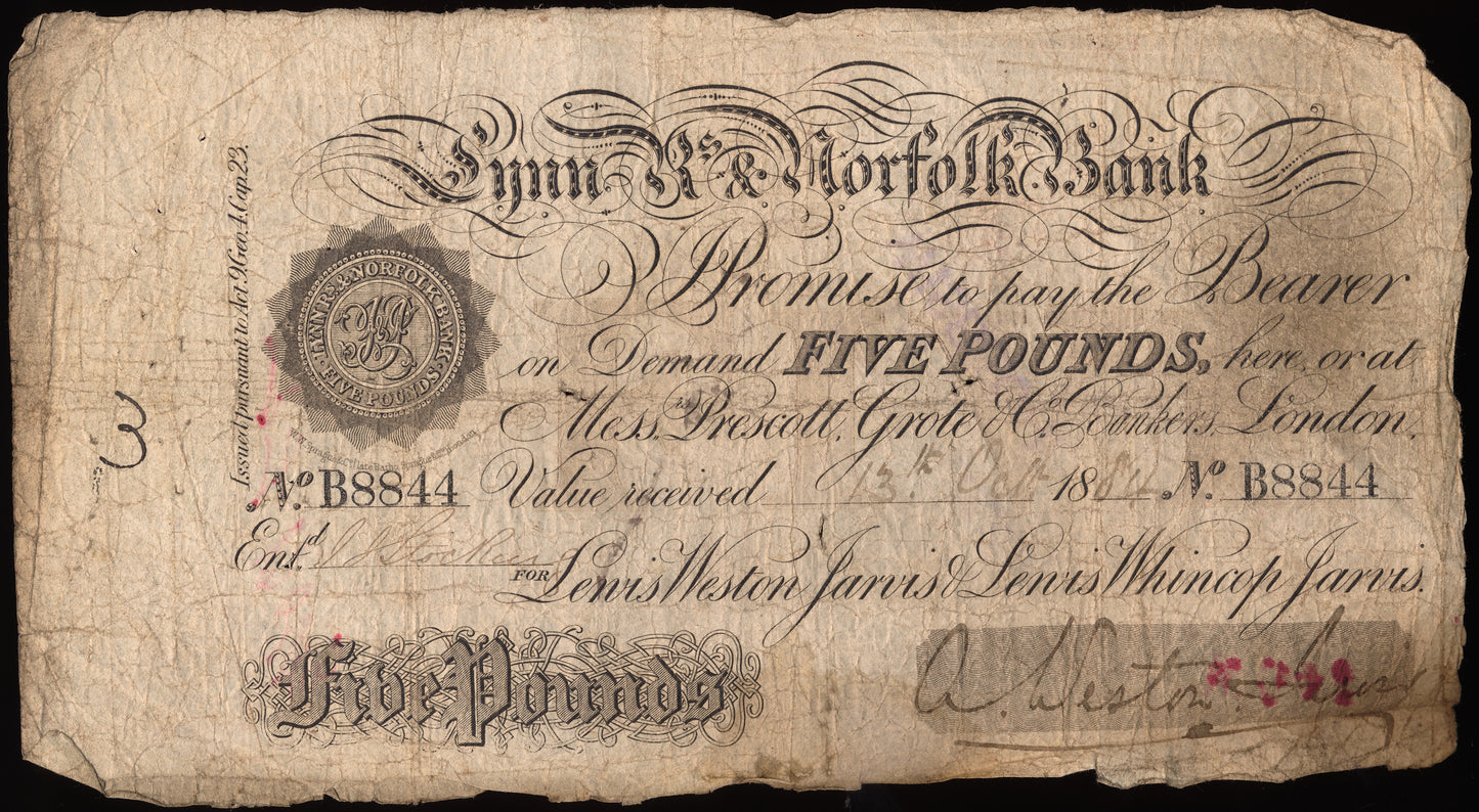 Lynn Regis & Norfolk Bank 1884 £5 banknote Outing 1075d