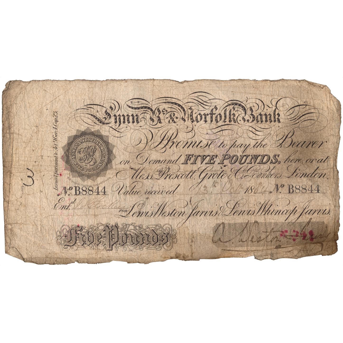 Lynn Regis & Norfolk Bank 1884 £5 banknote Outing 1075d