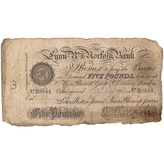 Lynn Regis & Norfolk Bank 1884 £5 banknote Outing 1075d