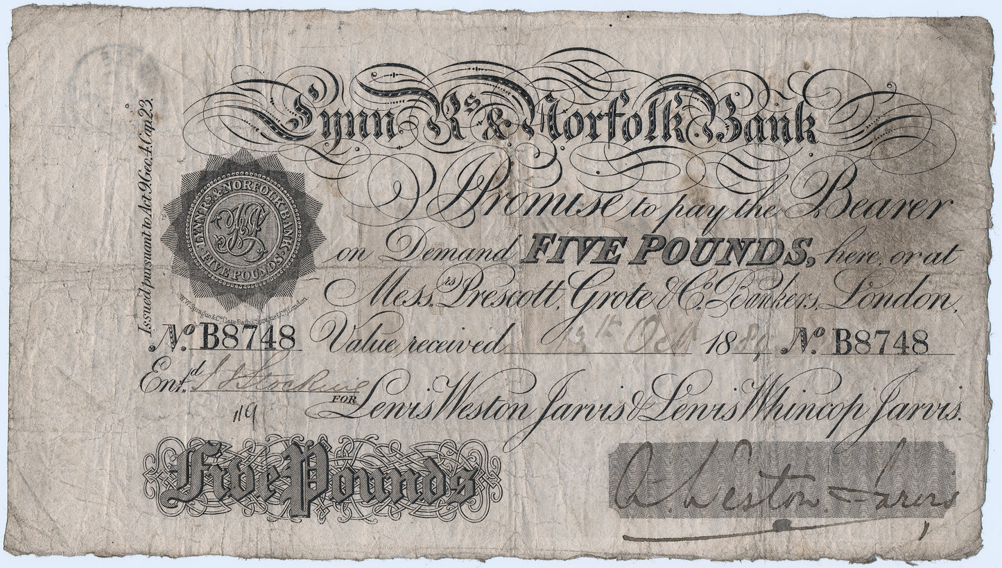 Lynn Regis & Norfolk Bank 1884 £5 banknote F Outing 1075d