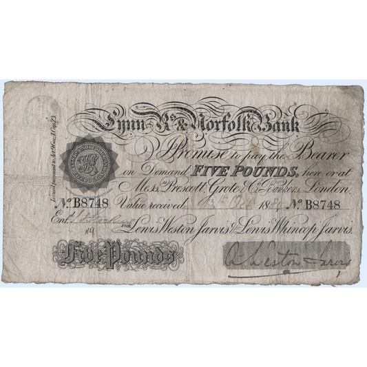 Lynn Regis & Norfolk Bank 1884 £5 banknote F Outing 1075d