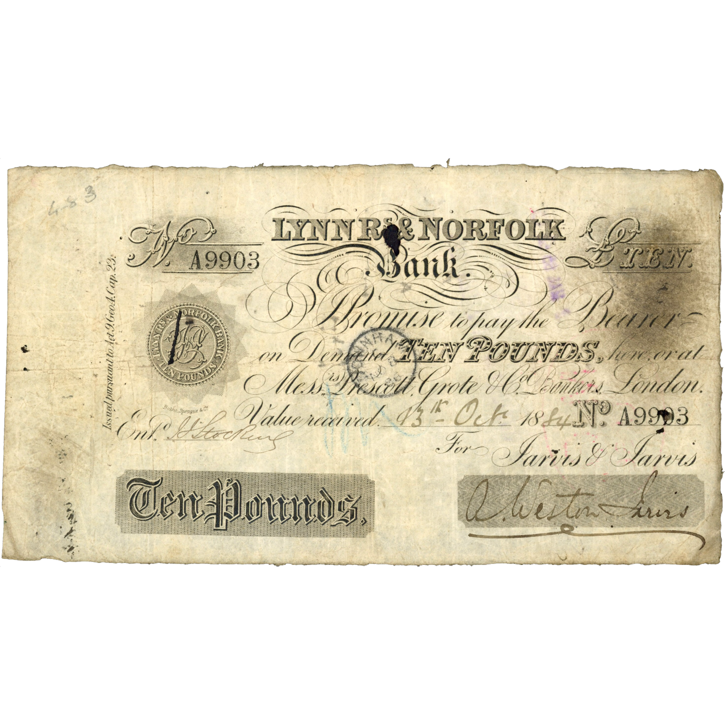 Lynn Regis & Norfolk Bank 1884 £10 banknote Outing 1075g