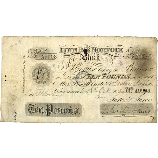 Lynn Regis & Norfolk Bank 1884 £10 banknote Outing 1075g