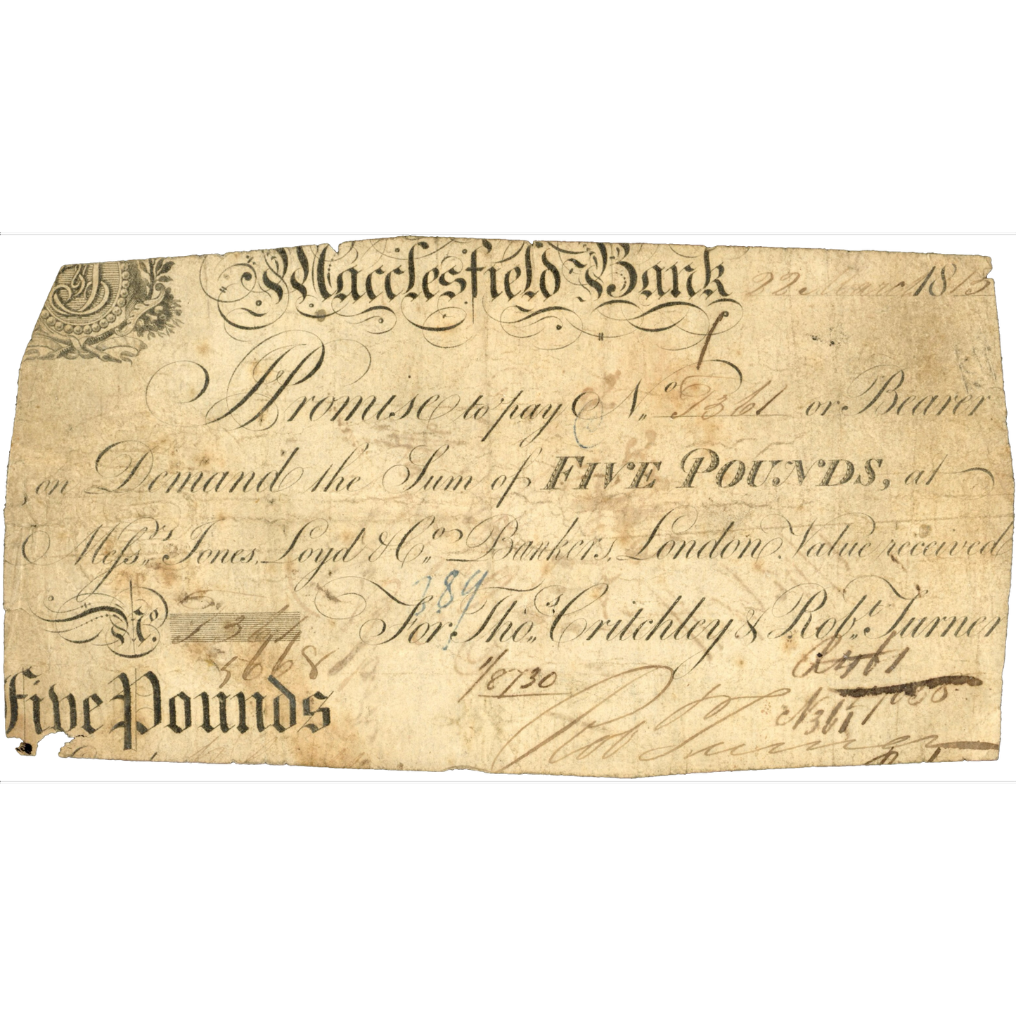 Macclesfield Bank 1815 £5 banknote Outing 1318b