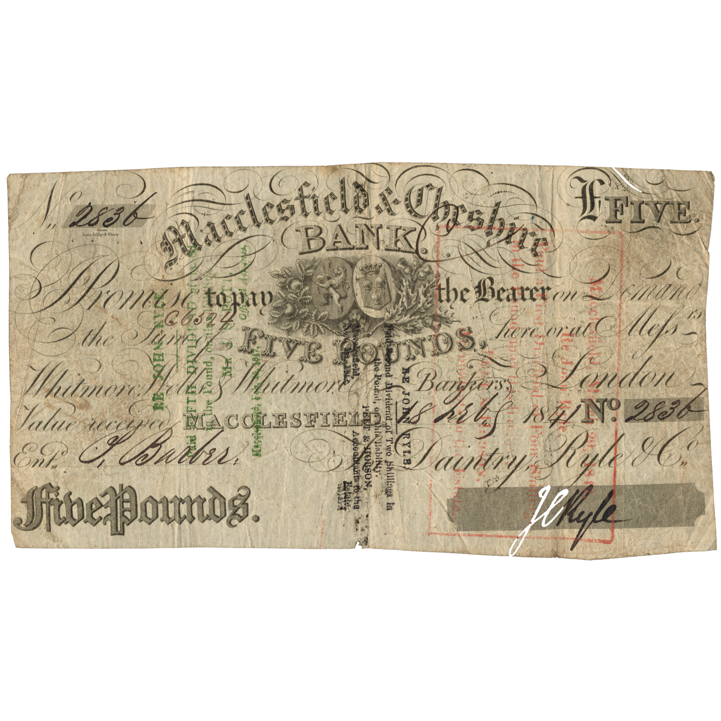 Macclesfield & Cheshire Bank 1841 £5 banknote Outing 1319b