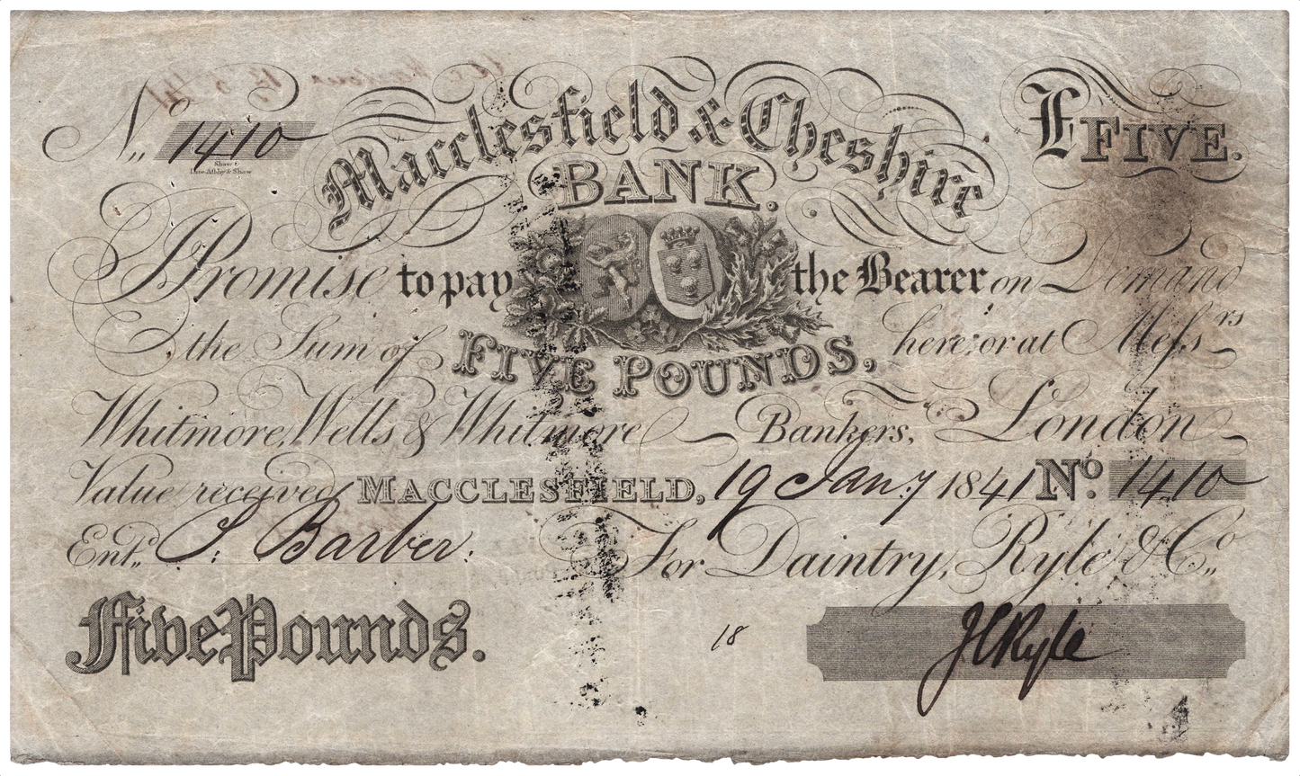 Macclesfield & Cheshire Bank 1841 £5 banknote Outing 1319b