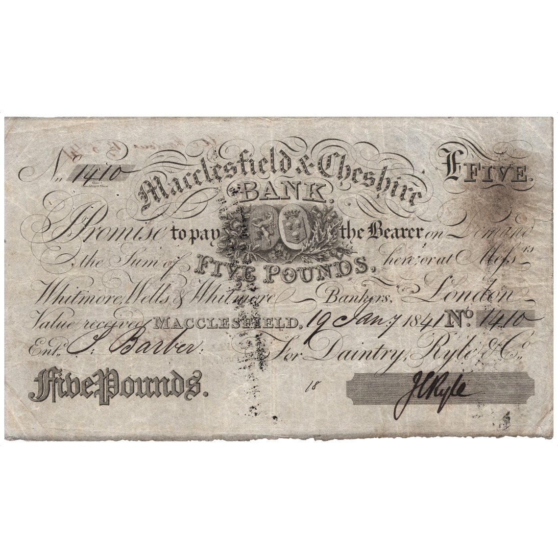 Macclesfield & Cheshire Bank 1841 £5 banknote Outing 1319b