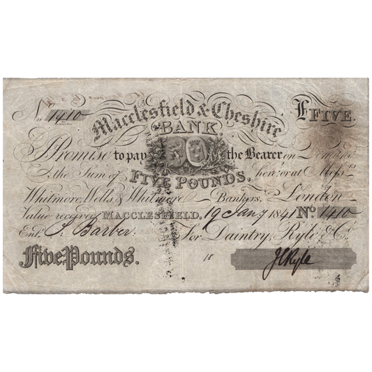 Macclesfield & Cheshire Bank 1841 £5 banknote Outing 1319b