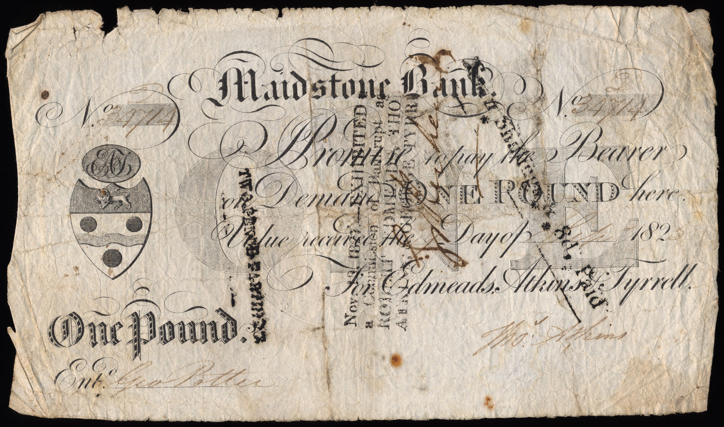 Maidstone Bank 1823 £1 banknote Outing 1331b