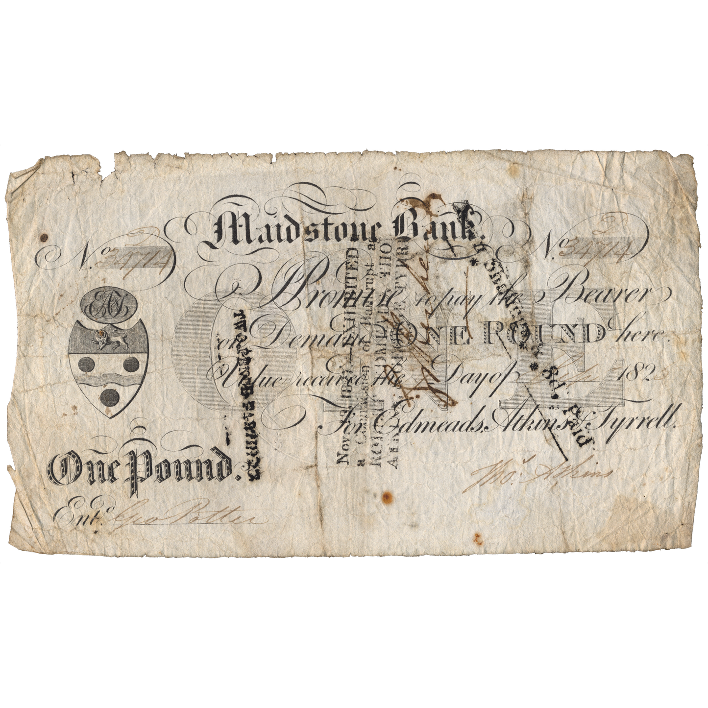 Maidstone Bank 1823 £1 banknote Outing 1331b