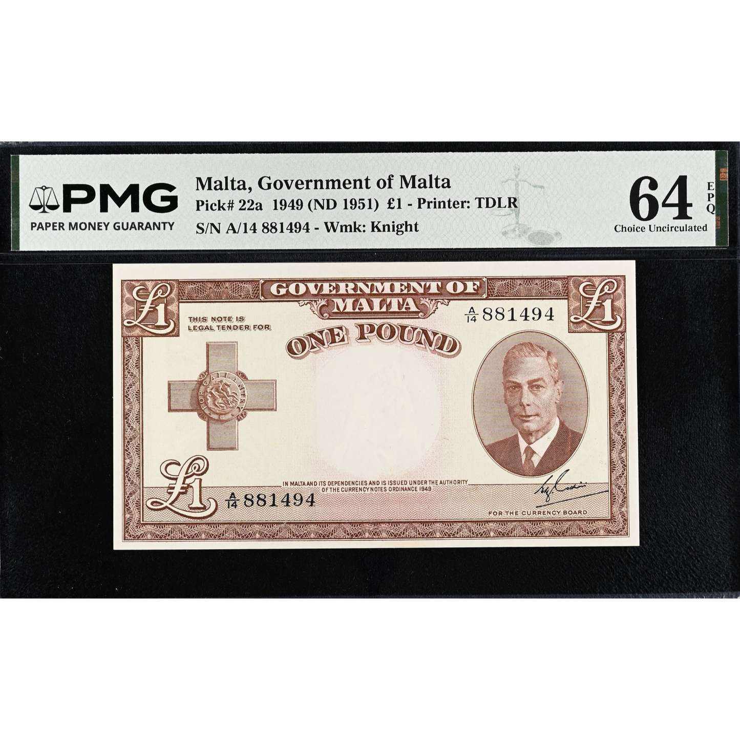 MALTA P.22a 1951 £1 First series A/15 Choice UNC 64 EPQ