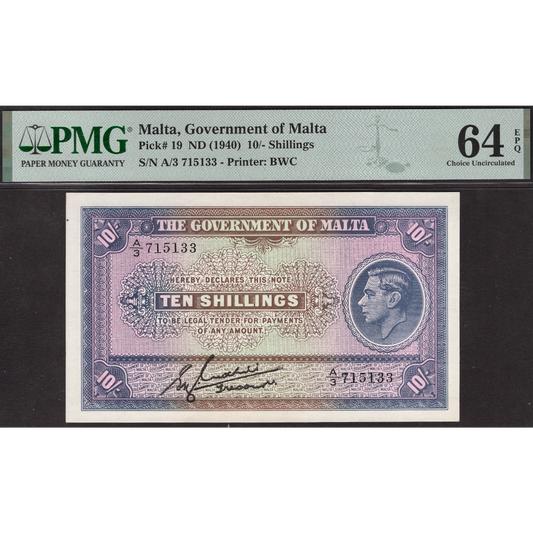 MALTA P.19 1940 10 Shillings Choice UNC 64 EPQ