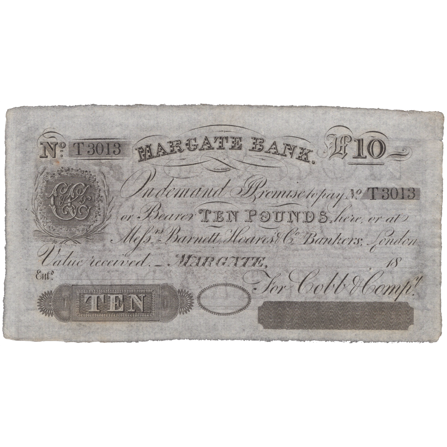 Margate Bank 18__ £10 banknote Outing 1389f