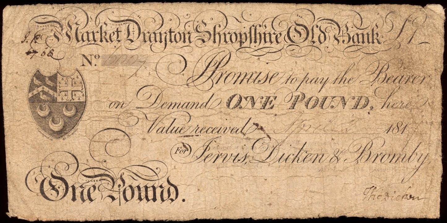 Market Drayton and Shropshire Old Bank 1817 £1 banknote Outing 1392a