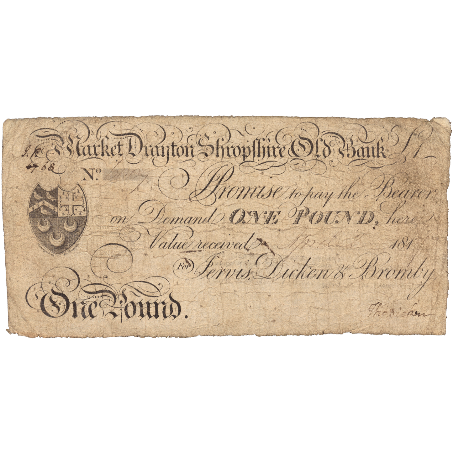 Market Drayton and Shropshire Old Bank 1817 £1 banknote Outing 1392a