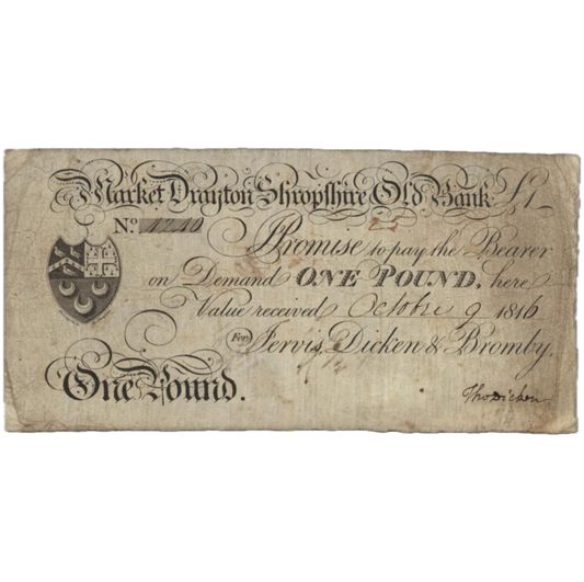 Market Drayton and Shropshire Old Bank 1816 £1 banknote Outing 1392a