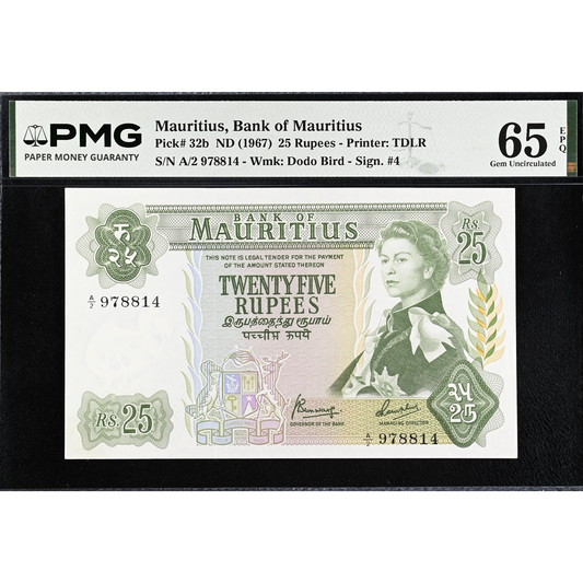 MAURITIUS P.32b 1967 25 Rupees A/2 Gem UNC 65 EPQ