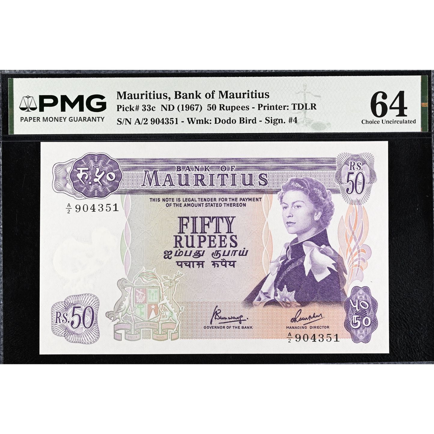 MAURITIUS P.33c 1967 50 Rupees A/2 Choice UNC 4 EPQ
