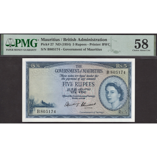 MAURITIUS P.27 1954 5 Rupees Choice AUNC 58