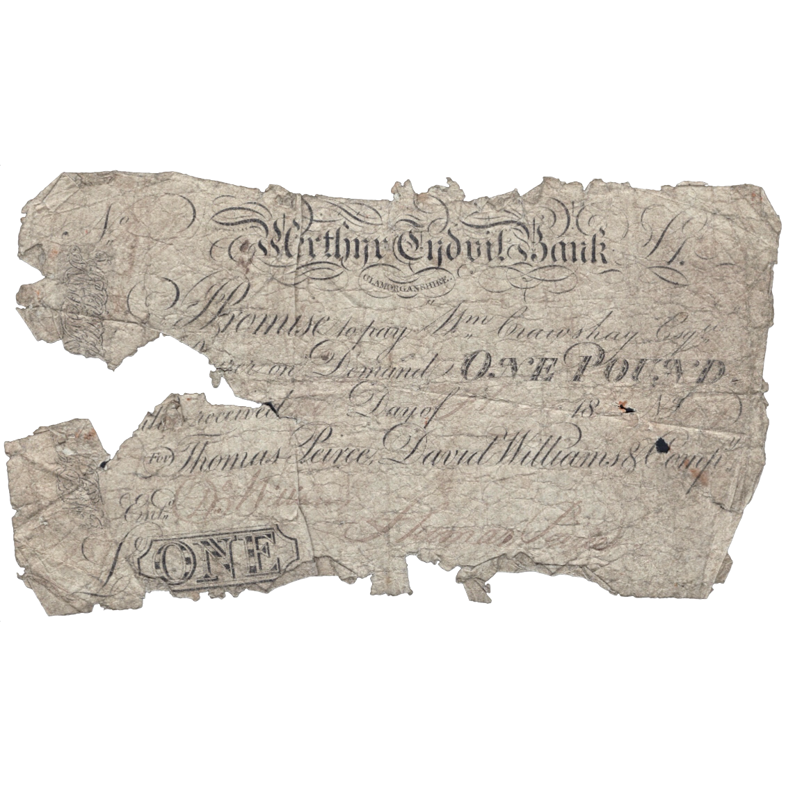 Merthyr Tydfil Bank Monmouthshire 1823 £1 banknote Outing 1421c