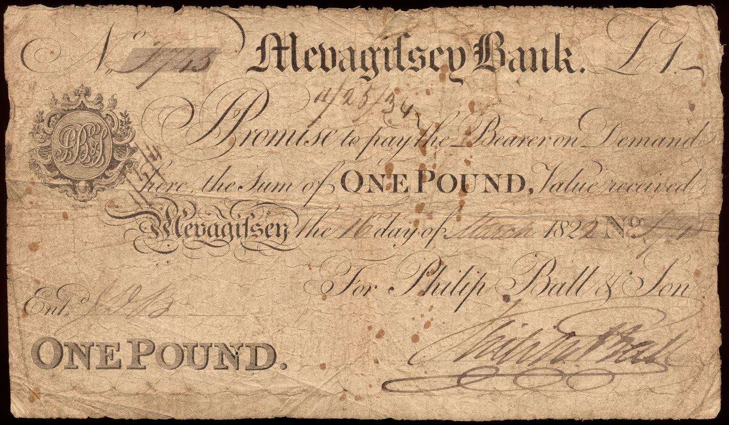 Mevagissey Bank 1822 £1 banknote Outing 1425a