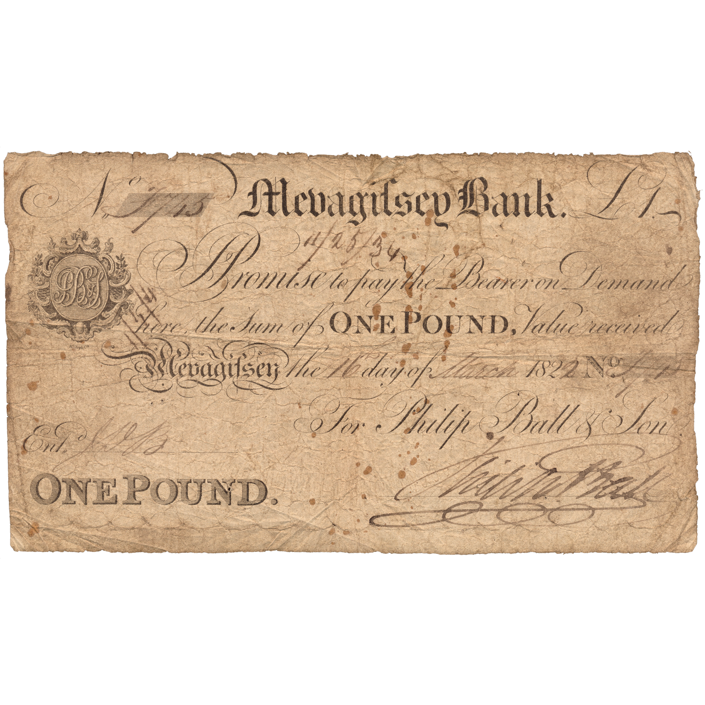 Mevagissey Bank 1822 £1 banknote Outing 1425a