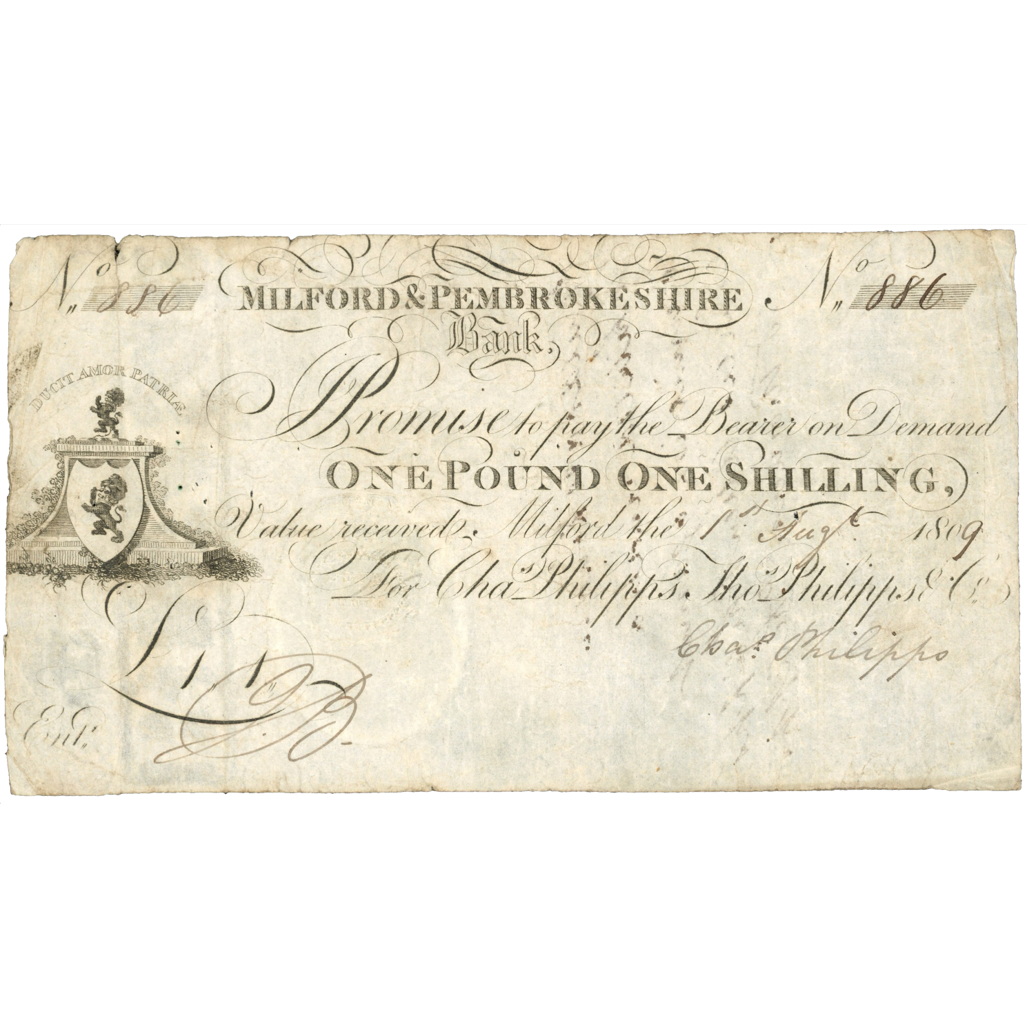 Milford & Pembrokeshire Bank 1809 1 guinea banknote Outing 1431a ...