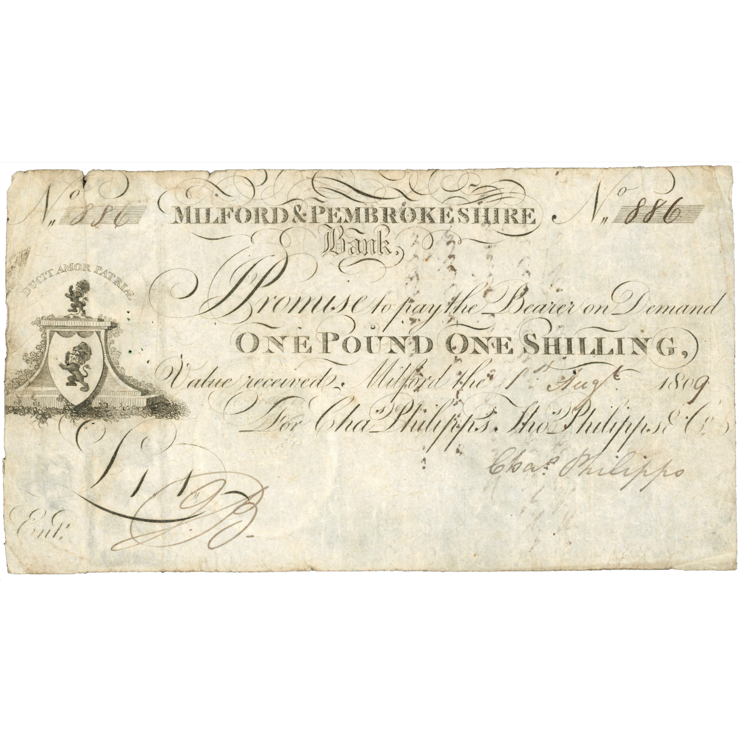Milford & Pembrokeshire Bank 1809 1 guinea banknote Outing 1431a