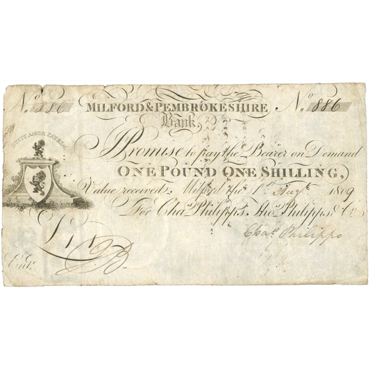 Milford & Pembrokeshire Bank 1809 1 guinea banknote Outing 1431a